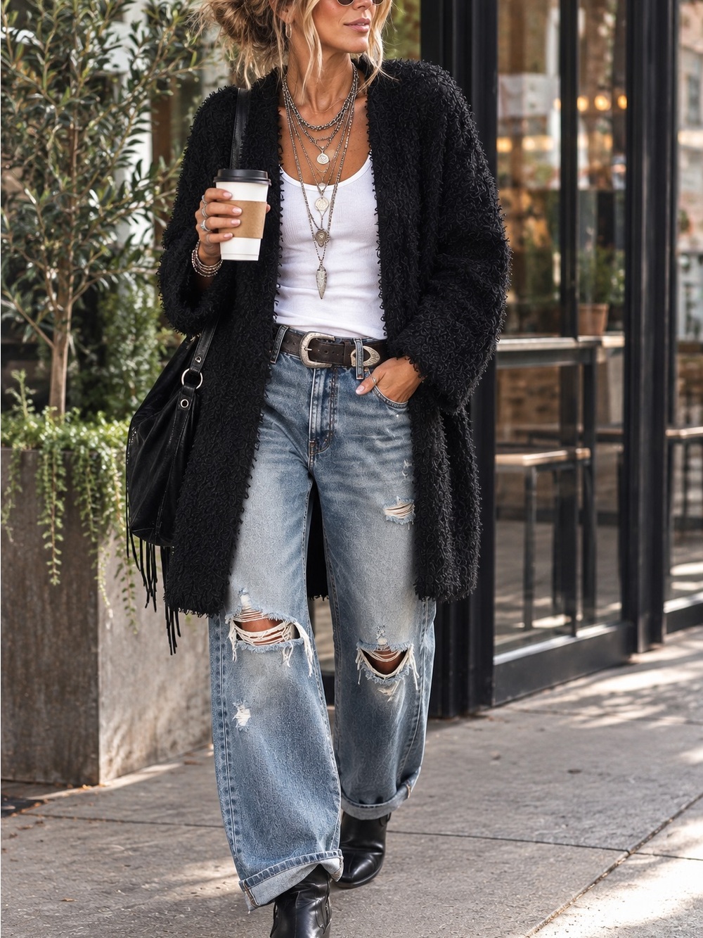 The Vintage Shop Black Fuzzy Open-Front faux Persian lamb sweater/coat! Y2K but